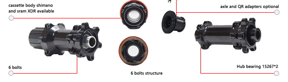 Disc brake hub 6 bolts, 6 pawls structure, front 12*100mm rear 12*142mm Disc brake hub 6 bolts, 6 pawls structure, front 12*100mm rear 12*142mm
